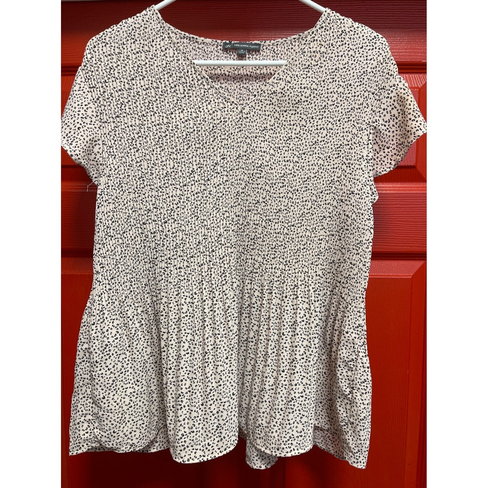 Adrianna Papell Pleated Peplum Blouse Pink Leopard Print V-Neck Top Medium